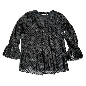 Soft Surroundings Womens Black Top Holiday Semi Sheer Bell Sleeve Blouse Sz M